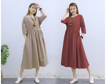 Anysize with side pockets A-line soft linen cotton drawstring loose dress spring summer plus size dress plus size clothing F233A