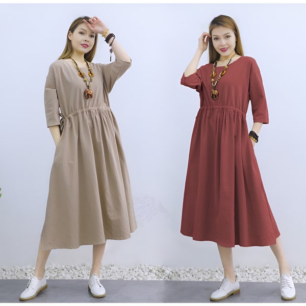 Anysize with side pockets A-line soft linen cotton drawstring loose dress spring summer plus size dress plus size clothing F233A