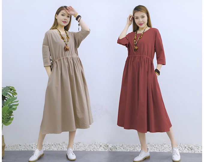 Anysize with side pockets A-line soft linen cotton drawstring loose dress spring summer plus size dress plus size clothing F233Q
