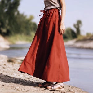 Anysize custom 100% linen skirt with patch pockets spring summer maxi skirt A-line elastic waist plus size skirt plus size clothing F13RL