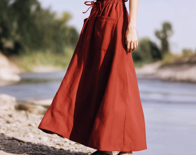 Anysize custom 100% linen skirt with patch pockets spring summer maxi skirt A-line elastic waist plus size skirt plus size clothing F13RL