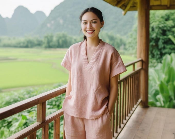 Anysize custom 100% linen tops v neck loose tops linen shirt short sleeves linen blouse summer plus size tops plus size clothing F64JL