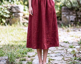 Anysize Custom 100% Linen Midi Skirt for Women Elastic Waist Skirt A Line Linen Skirt Breathable Summer Clothing Plus Size Skirt F75UL