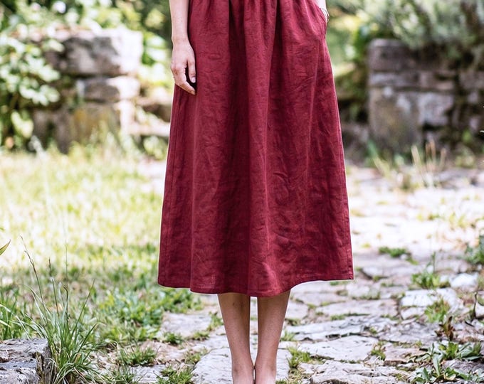 Anysize Custom 100% Linen Midi Skirt for Women Elastic Waist Skirt A Line Linen Skirt Breathable Summer Clothing Plus Size Skirt F75UL