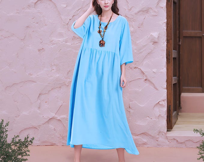 Anysize  soft linen cotton maxi dress with 3/4 sleeves side pockets pleated spring summer fall plus size dress plus size clothing F176Q