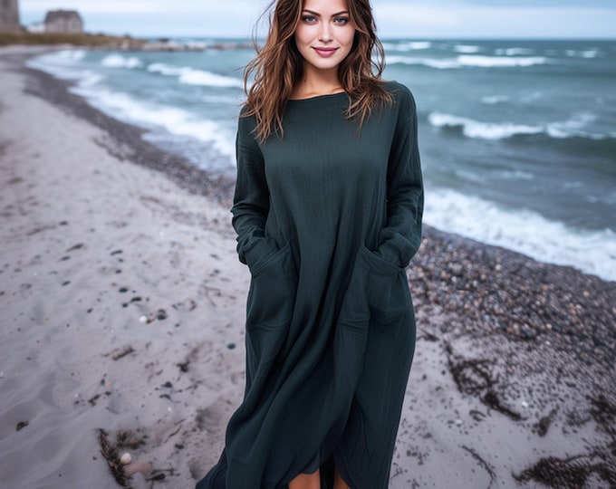 Anysize custom soft linen cotton dress long sleeves plus size dress with patch pockets spring fall plus size clothing F81PE