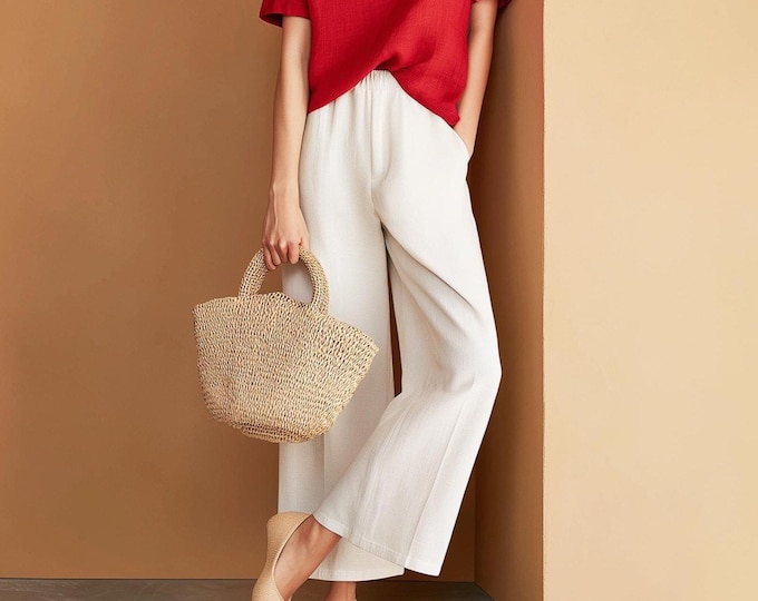 Anysize custom 100% linen pants floor length with side pockets elastic waist spring summer plus size pants plus size clothing F72YL