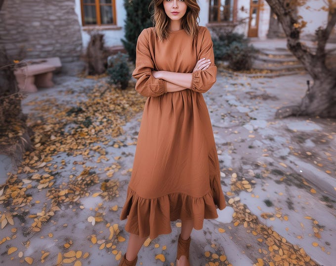 Anysize custom lotus leaf hem dress with long sleeves linen cotton dress with side pockets spring fall retro plus size clothing F41PN