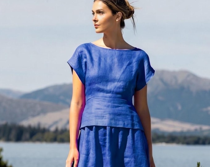 Anysize Custom 100% Linen Minimalist Short Sleeve Blouse Boat Neck Summer Top Elegant Casual Linen Shirt Plus Size Tops F92VL