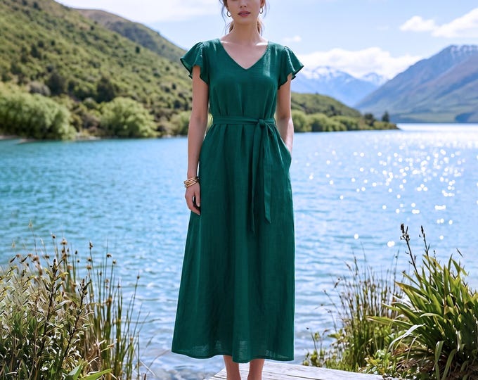 Anysize Custom 100% Linen Dress for Women V Neck Summer Dress with Pockets Waist Belted Flare Sleeves Plus Size Clothing F23WL