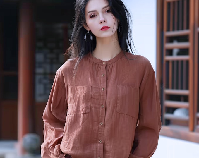 Anysize custom linen cotton shirt with long sleeves plus size blouse plus size tops plus size clothing spring fall tops F553N