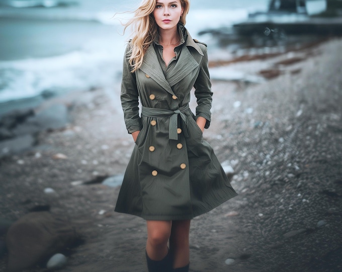 Anysize custom classic coat with pockets long sleeves jacket belted linen cotton spring fall plus size coat plus size clothing F93PN