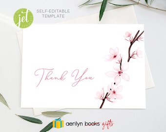 Cherry Blossom Thank You Card Template | Watercolor Editable Printable DIGITAL FILE Instant Download