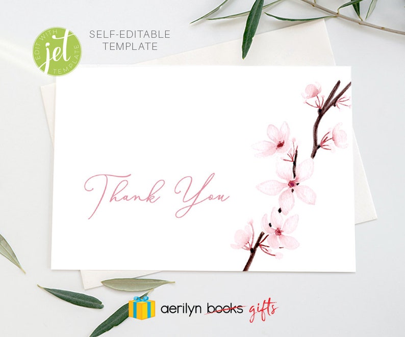 Cherry Blossom Thank You Card Template | Watercolor Editable Printable ...