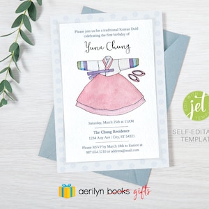 Girl&#39;s Pastel Hanbok First Birthday Invitation | Korean Dohl | Doljanchi | Printable DIGITAL FILE