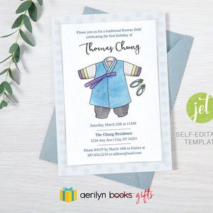 Boy&#39;s Pastel Hanbok First Birthday Invitation | Korean Dohl | Doljanchi | Printable DIGITAL FILE