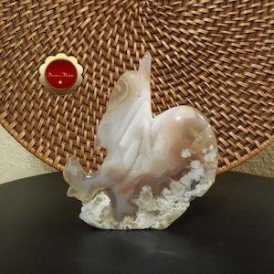 Flower Agate Dolphin Statue, Carved Agate Dolphin, Dolphin on Wave Display Piece