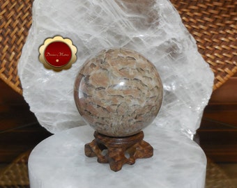 Zebradorite Sphere, 67mm Graphic Feldspar Sphere, Peach Moonstone with Smoky Quartz