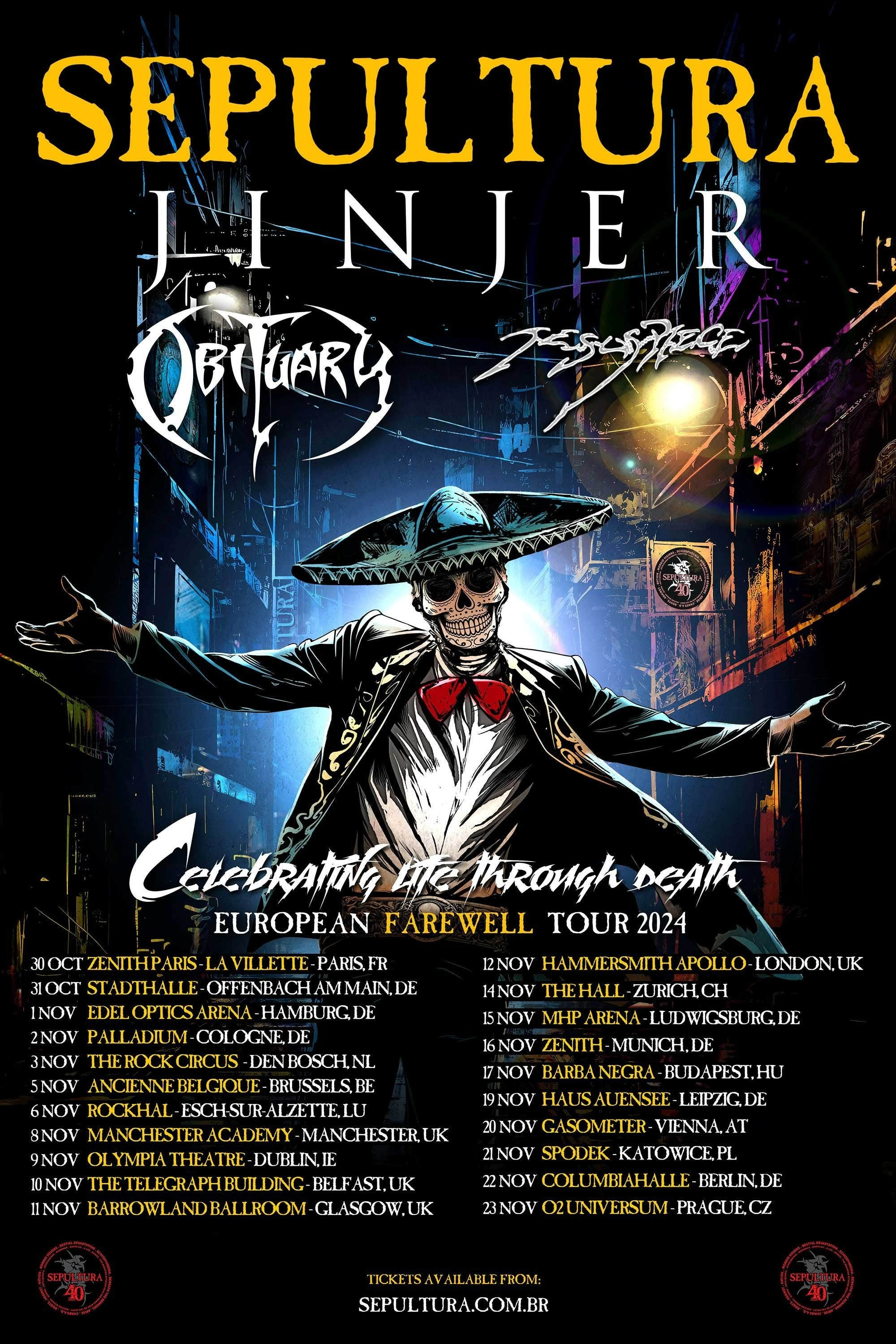Sepultura 40 Years Farewell Tour Celebrating Life Through Death European Farewell Tour 2024 poster