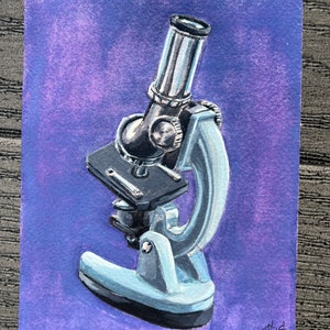 May include: A detailed painting of a vintage microscope. The microscope is rendered in shades of silver and black, set against a purple background. The artist's signature and date, "Kin Fang 14.16.2022", are visible in the lower right corner.