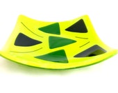 Fused glass plate, dish, or bowl? I go with sushi plate in spring green and purple. 7 inch square.