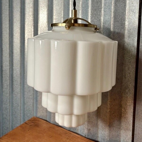 Antique Vintage Art Deco Skyscraper Glass Pendant Brass Ceiling Light Fixture