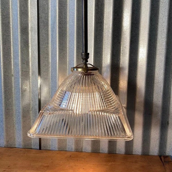 Large Heavy Industrial Light Shade 10 3/4” Sq Vintage Holophane  Steampunk Dome