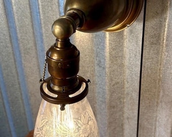 Antique Victorian Brass Sconce Hubbell Fitter Etched Shade Angled Lights 1904