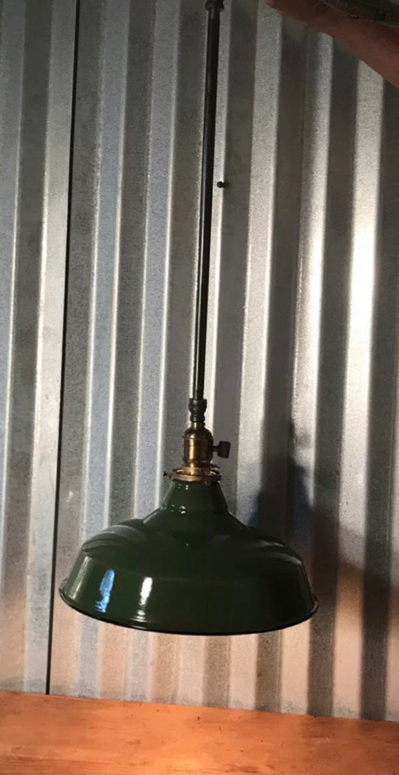 Authentic Vtg Green Enamel 12\u201d Barn Shade Hanging Pendant Perkins Fatboy Socket
