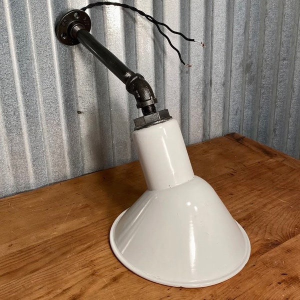 Vintage Benjamin Industrial white Barn shade light sconce fixture Angled