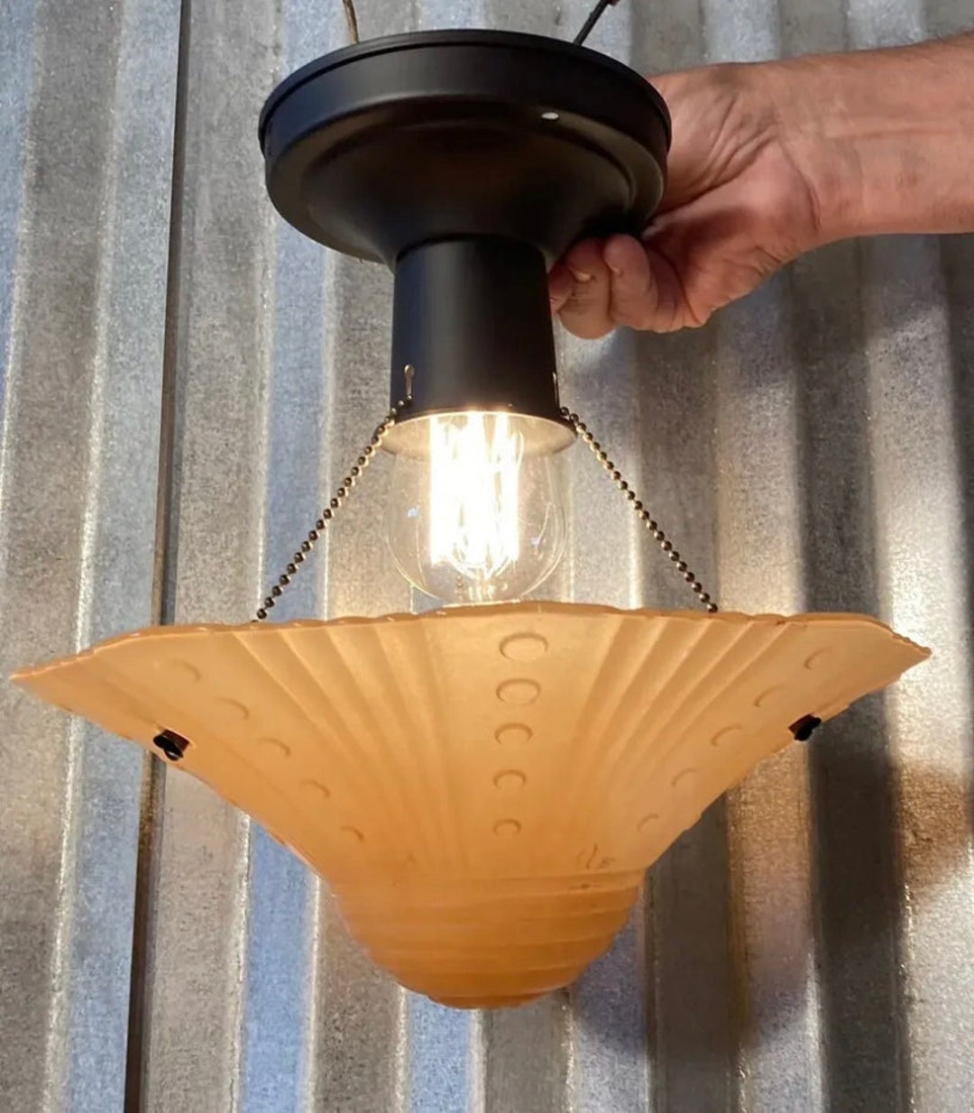 3 Chain Light Fixture Frosted Amber Peach Shade Brass Art Nouveau Great ...