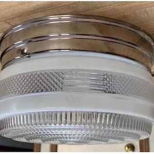 VINTAGE 8 1/2&quot; Drum Ceiling Light Fixture Frosted Glass with Chrome base