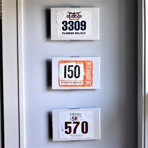 BibMount™ Race Bib Frame Display - Invisible and Adjustable Wall Mount or Shelf Stand.