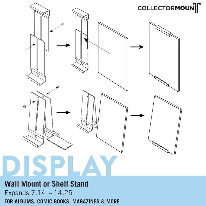 ComicMount\u2122 Comic Book Frame Display System \u2013 Invisible and Adjustable Wall Mount or Shelf Stand.