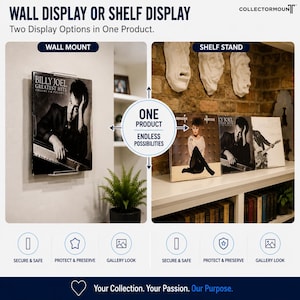 May include: A clear plastic display mount for vinyl records, featuring two configurations: a wall mount for vertical display and a shelf stand for upright placement. The product is branded as COLLECTORMOUNT and includes text stating Wall Display or Shelf Display, One Product Endless Possibilities, Secure & Safe, Protect & Preserve, and Gallery Look.