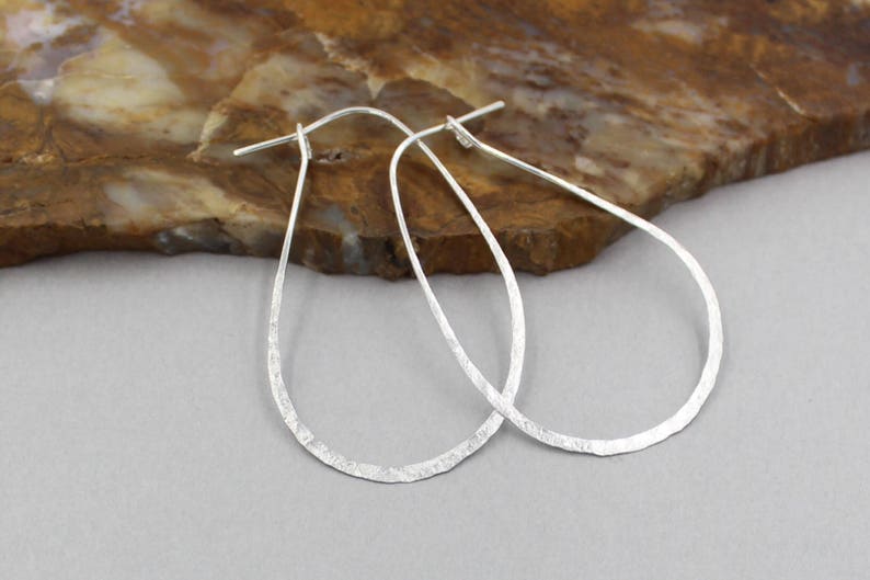 Lightly Hammered Medium Silver Hoop Earrings Sterling Silver Earrings Avocado Shaped Hoop Earrings Hammered Sterling Silver Oval Hoops