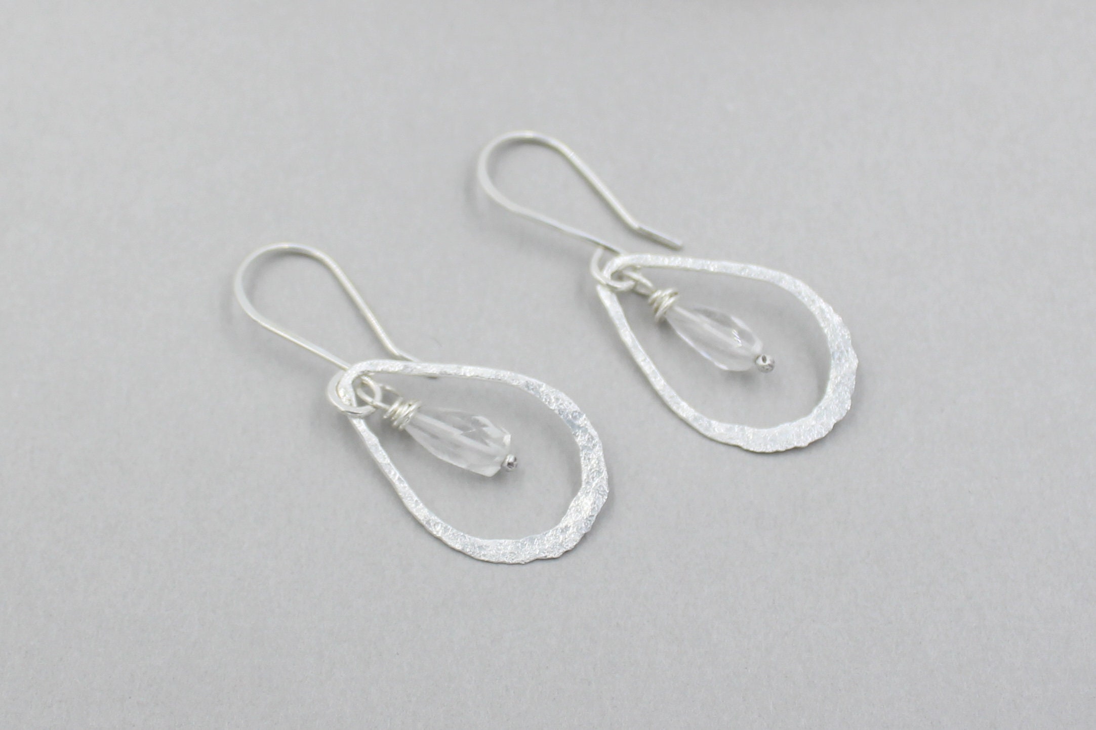 Clear Crystal Hoop Earrings Hammered Sterling Silver Teardrop - Etsy