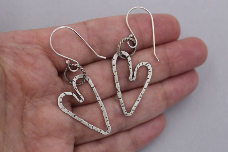 Oxidized Hammered Silver Hoops Silver Heart Dangle Hoop Earrings Rustic Industrial Heart Earrings Artisan Silver Heart Hoops