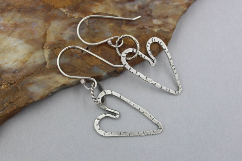 Oxidized Hammered Silver Hoops Silver Heart Dangle Hoop Earrings Rustic Industrial Heart Earrings Artisan Silver Heart Hoops