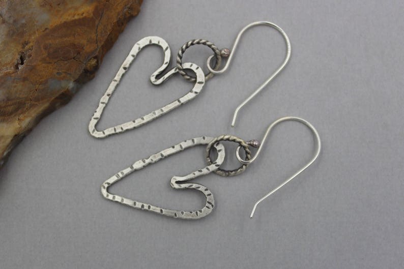 Oxidized Hammered Silver Hoops Silver Heart Dangle Hoop Earrings Rustic Industrial Heart Earrings Artisan Silver Heart Hoops