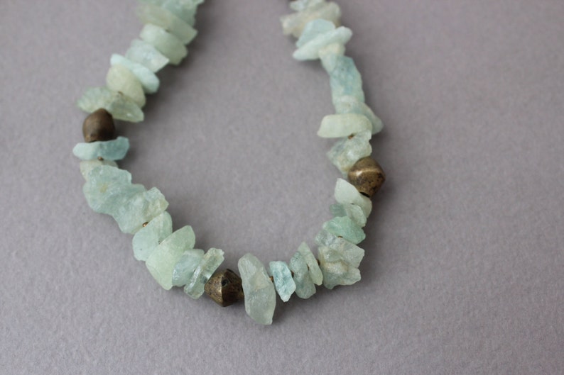 Rough Aquamarine Nugget Necklace With Antique Brass Beads, Rough Cut ...