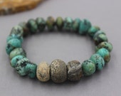 Mens Bracelet, Jewelry for Men, Bracelet for Men, Mens Beaded Bracelet, Fossil Dinosaur Bone and African Turquoise Nugget Bracelet, Smaller