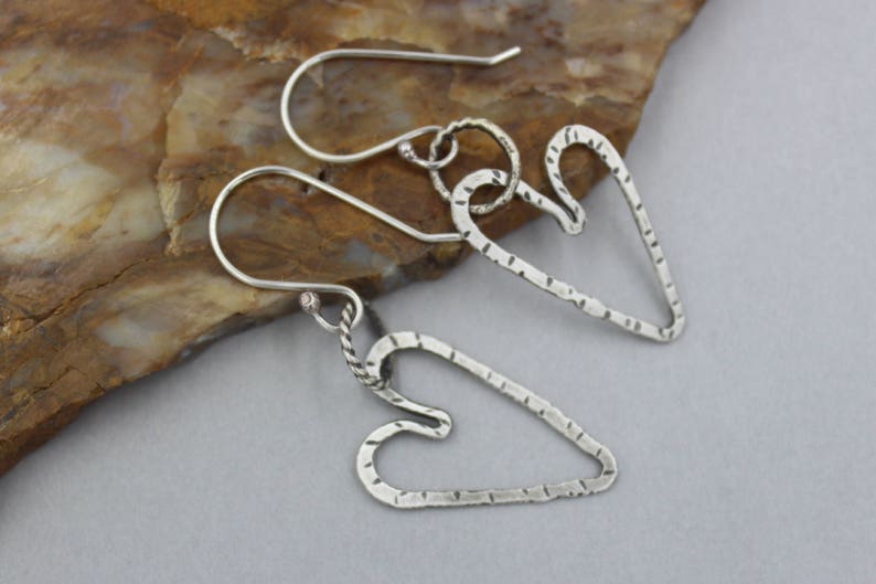 Oxidized Hammered Silver Hoops Silver Heart Dangle Hoop Earrings Rustic Industrial Heart Earrings Artisan Silver Heart Hoops