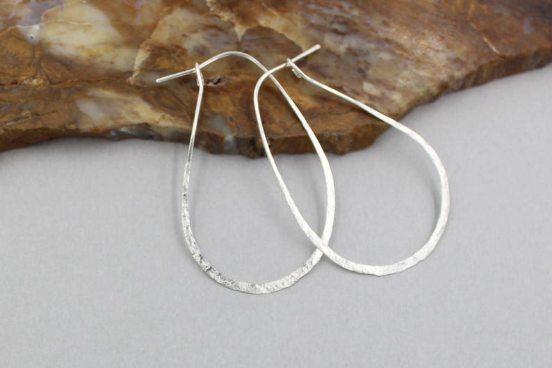 Lightly Hammered Medium Silver Hoop Earrings Sterling Silver Earrings Avocado Shaped Hoop Earrings Hammered Sterling Silver Oval Hoops