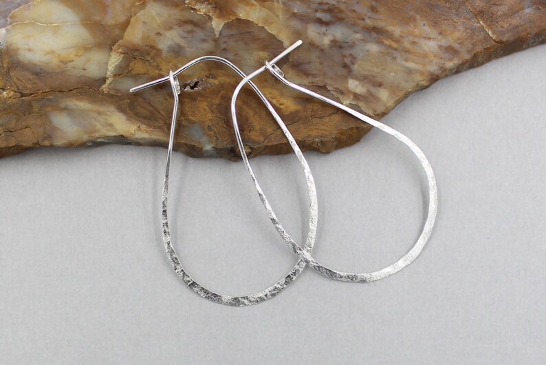 Lightly Hammered Medium Silver Hoop Earrings Sterling Silver Earrings Avocado Shaped Hoop Earrings Hammered Sterling Silver Oval Hoops