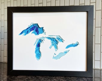 3D Great Lakes Depth Map Shadow Box SVG | Michigan Lakes Wall Art | Great Lakes Bathymetric Topography Map | Layered Cardstock Lake Art