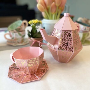 3D-papieren theepot, theekop en schotel SVG-bestandsbundel | Bundel met gesneden bestanden theekransje | Tea Party-SVG | 3D-traktatie- en geschenkdoos