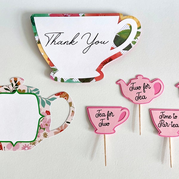 Tea Party Invitation - Thank You Card - Cupcake Topper SVG Bundle, Cricut and Silhouette SVG, Tea Party Cutting Files, Teapot and Teacup SVG