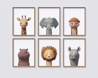 Safari Animal Nursery Set I, Print Set of 6, Printable Nursery Wall Art Decor, Instant Digital Download, Kids Room Playroom Art