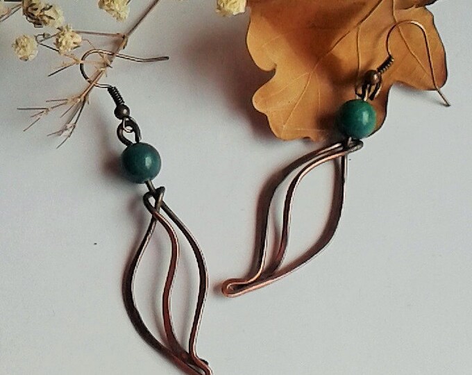 Copper Wire Leaf Earrings With Natural Jade Stone ,copper Earrings,wire